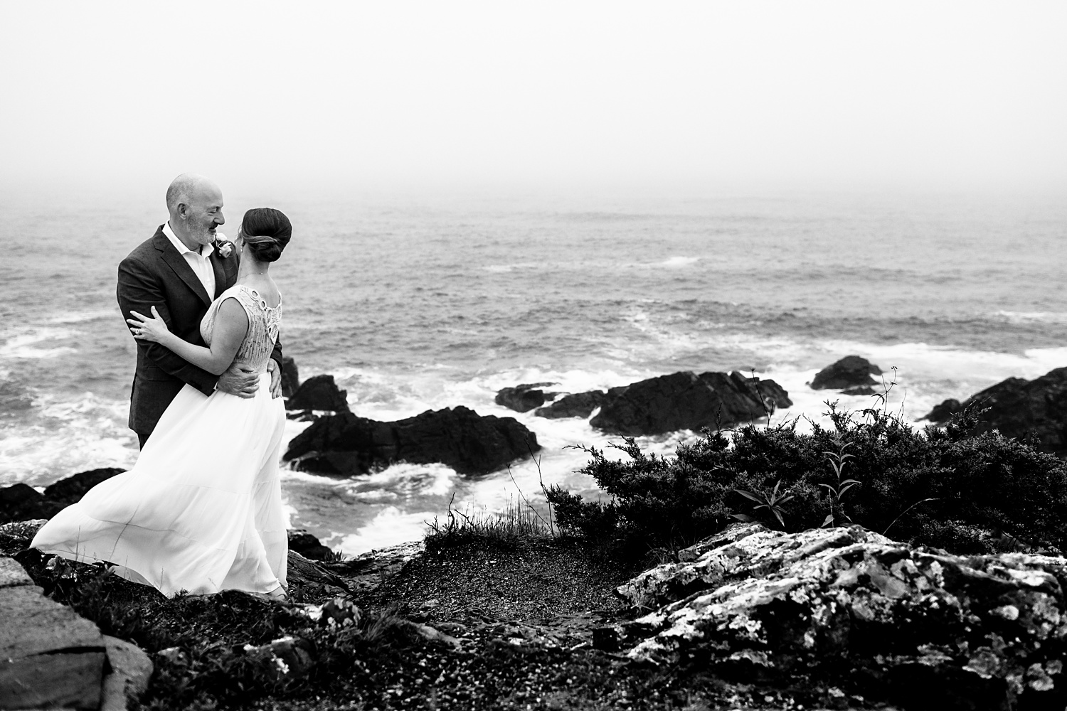 Romantic winds and foggy weather on their rainy sunrise elopement day in Ogunquit Maine