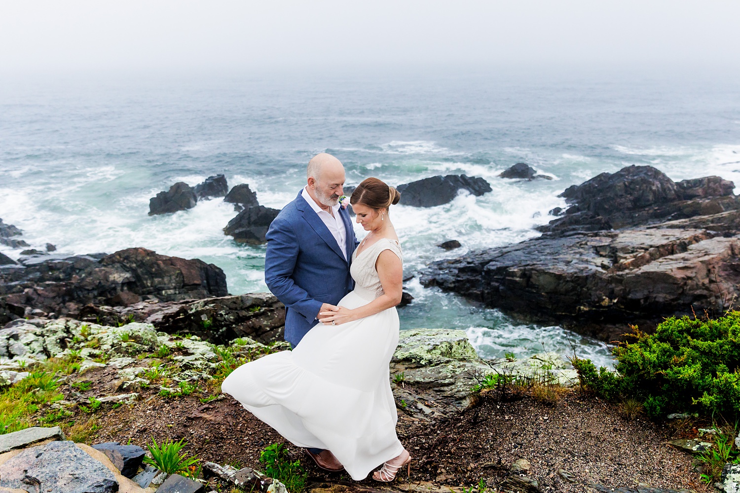 Romantic winds and foggy weather on their rainy sunrise elopement day in Ogunquit Maine